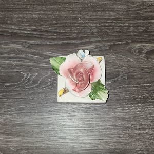 Vintage Italian Nuova Capodimote Hand Painted Rose on Square Base (Rare)